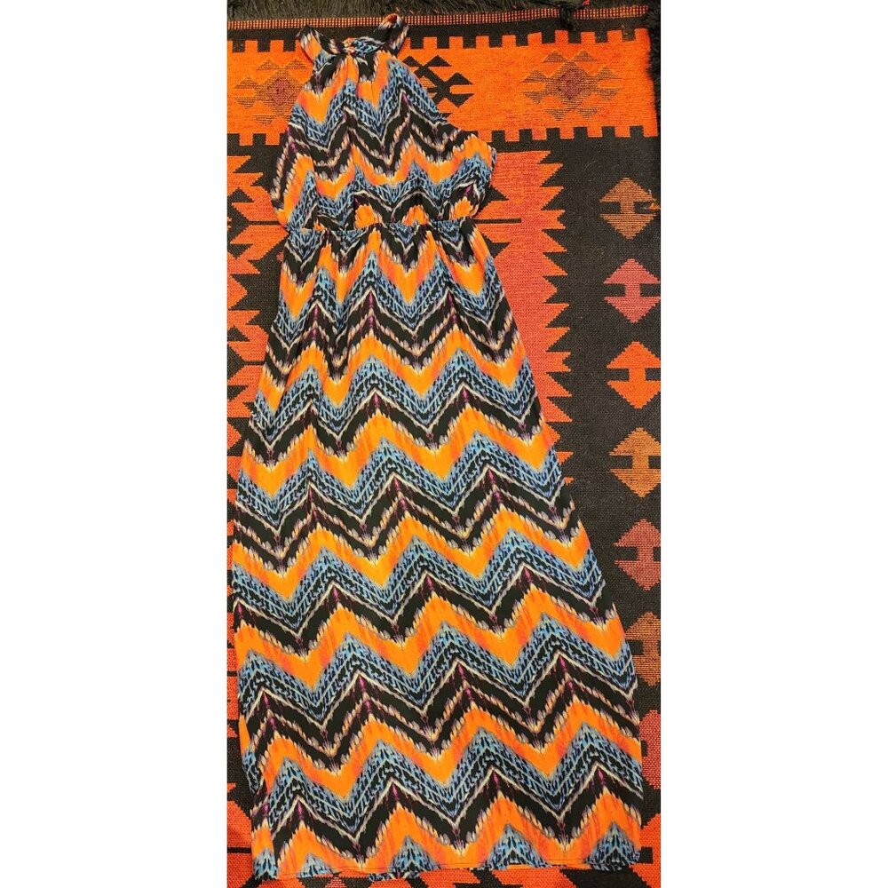 One Clothing LA Zigzag Retro Maxi Dress Elastic Waist Back Multicolor Boho. Larg